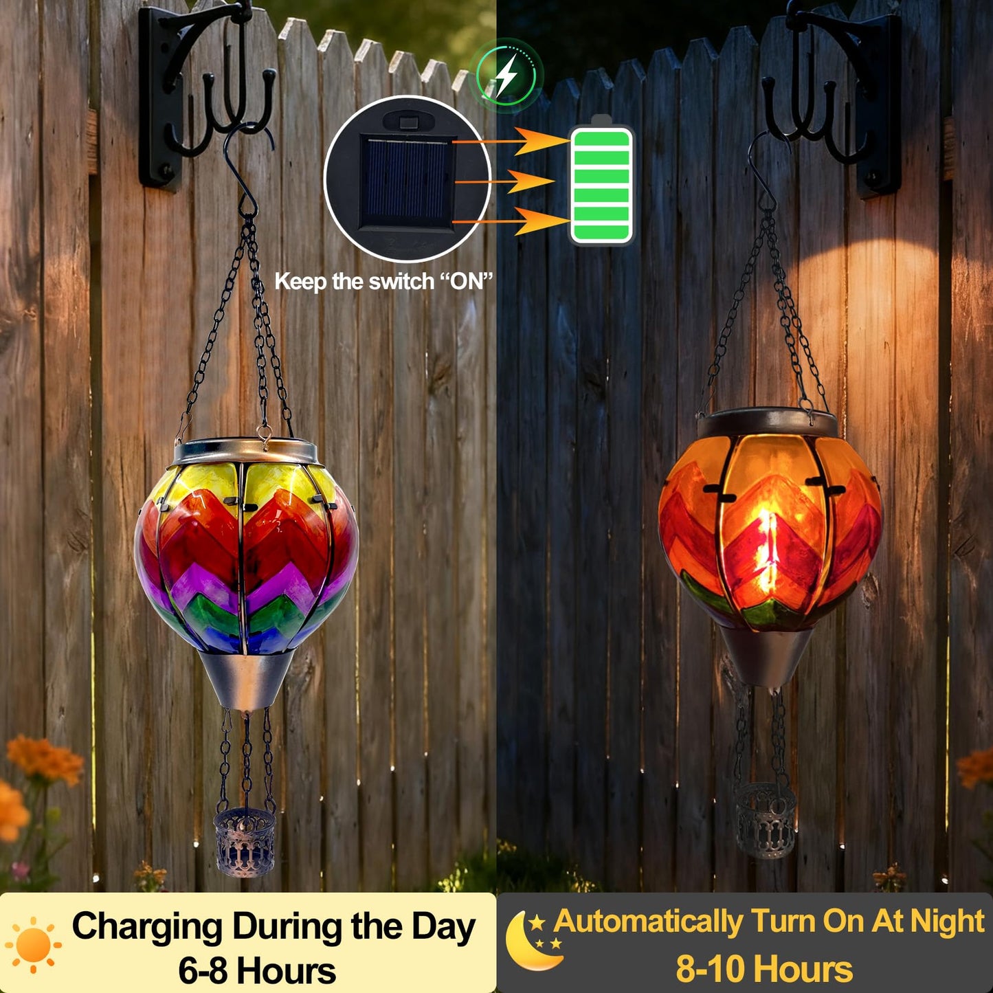 Twirleternity 2Pcs Hot Air Balloon Solar Lantern (Metal Shepherds Hook) (Flickering Flame) (Efficient Solar Panel Power) Hanging Lanterns Outdoor Waterproof Thanksgiving Gifts Colorful Wave