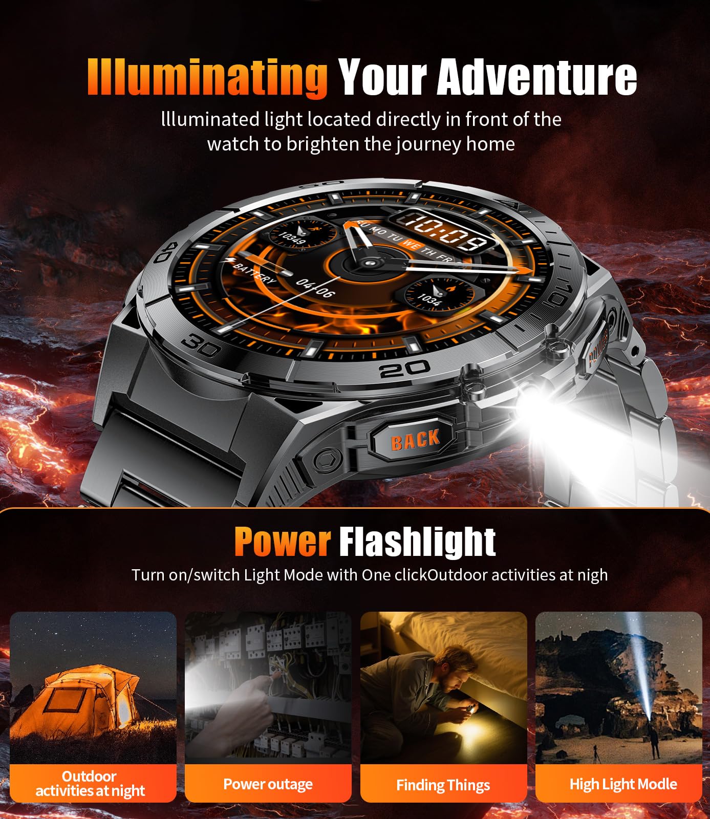 HIRREO EF16 Smart Watch for Men (Answer/Make Calls), 1.6" AMOLED HD Fitness Watches with LED Flashlight, 600mAh Battery/2 Straps/100+ Sports/IP68 Waterproof Smartwatch for Android iPhone Compatible