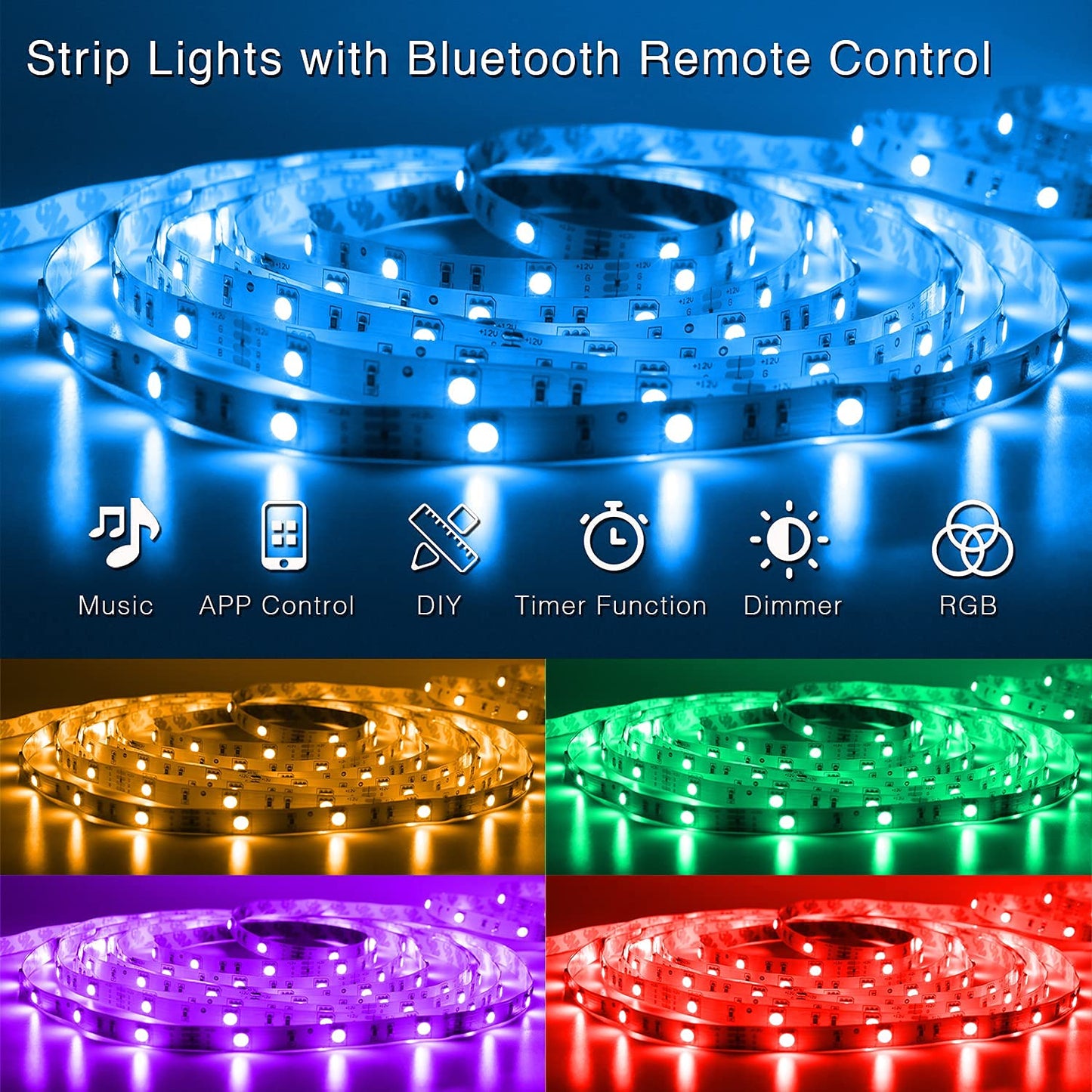 DAYBETTER Bluetooth Remote Control for RGB LED Light Strips, 24 Key, 4 Pin, Model DBL0362CNOV, DC 12V, Dimmable