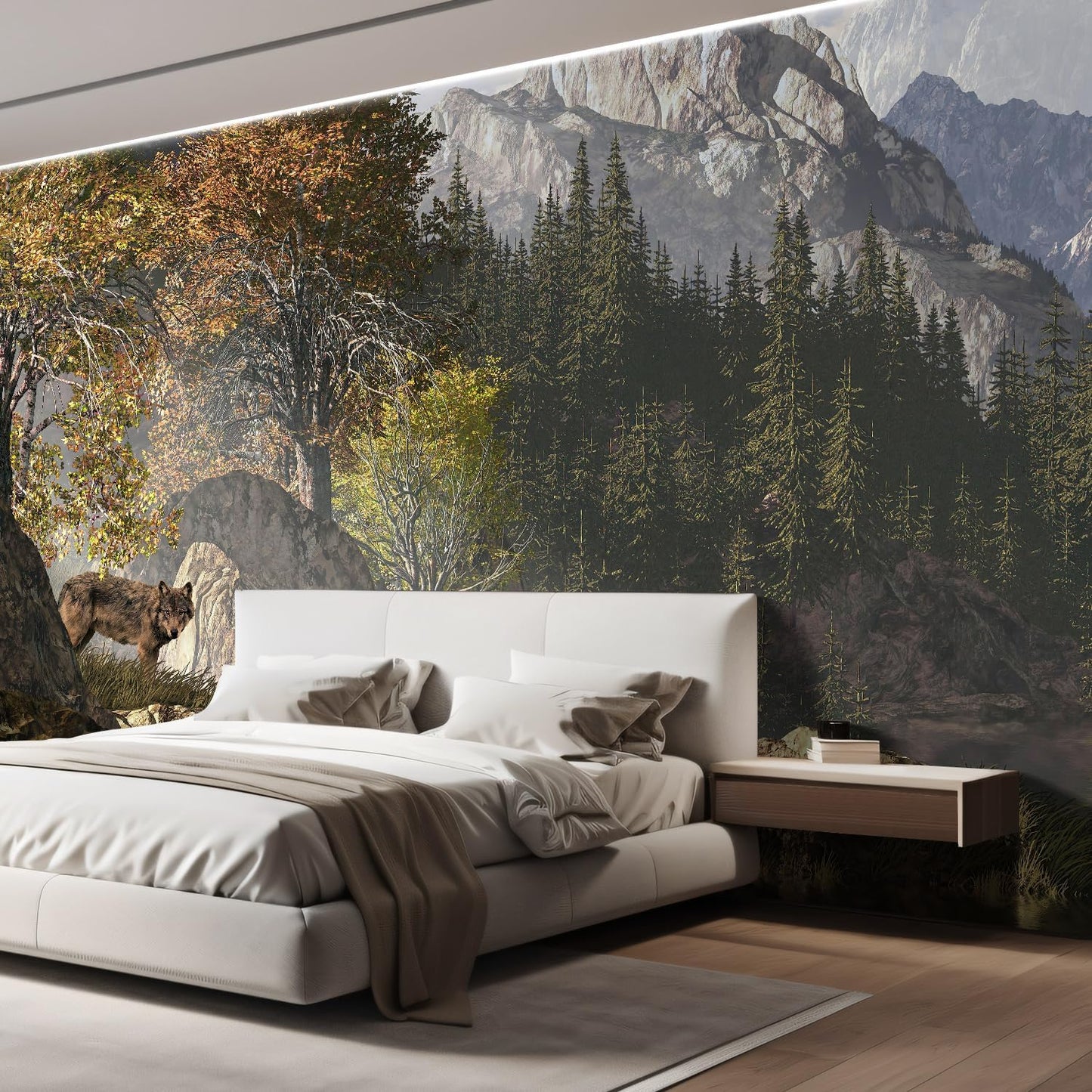 wall26 Wolf Near a Lake in a Rocky Mountain Landscape. Removable Wall Mural | Self-Adhesive Large Wallpaper - 108x168 inches