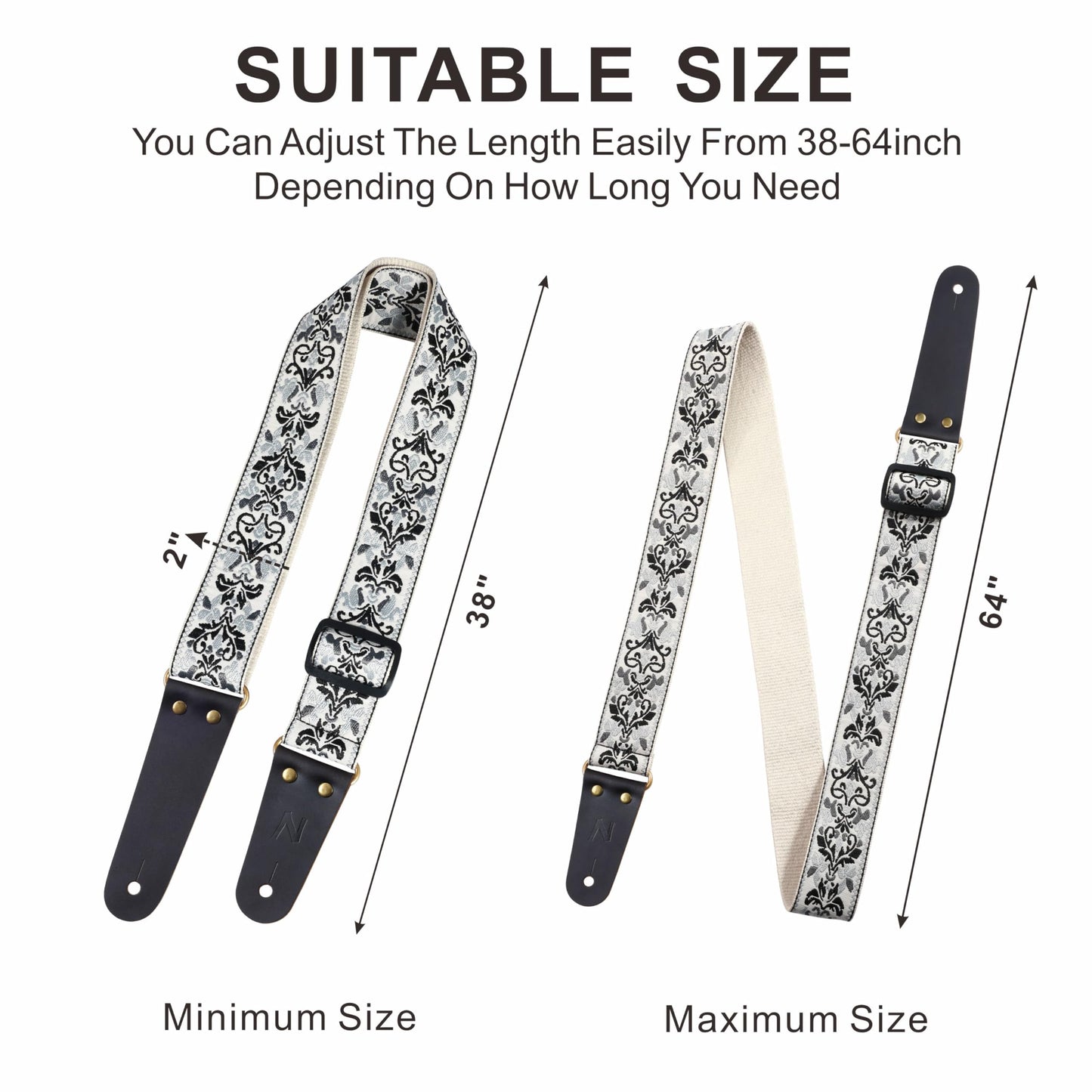 Nefelibata Guitar Strap, Embroidered Cotton Guitar Straps With Head Cowhide Leather Ends For Bass, Electric & Acoustic Guitar, W