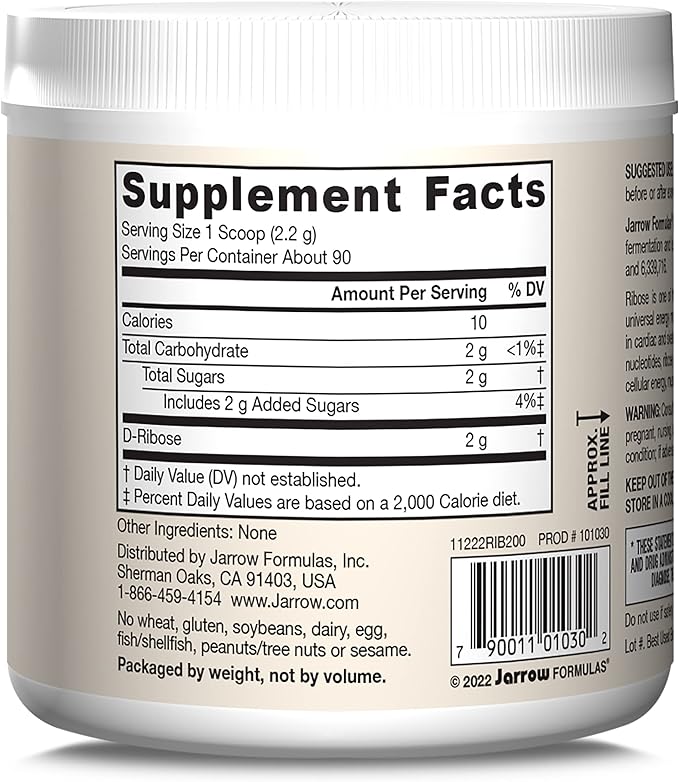 Jarrow Formulas D-Ribose 2 Grams, Dietary Supplement, Fitness Support, Muscle Recovery and Endurance, 7.05 oz, Up to a 90 Day Supply