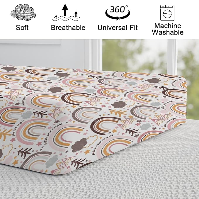 Colorful Boho Rainbow Changing Pad Covers Cute Rainbow Mountain Trees Clouds Stars Fitted Baby Change Table Sheets for Boys Girls Soft Breathable Stretchy Changing Table Cover 32''x16''