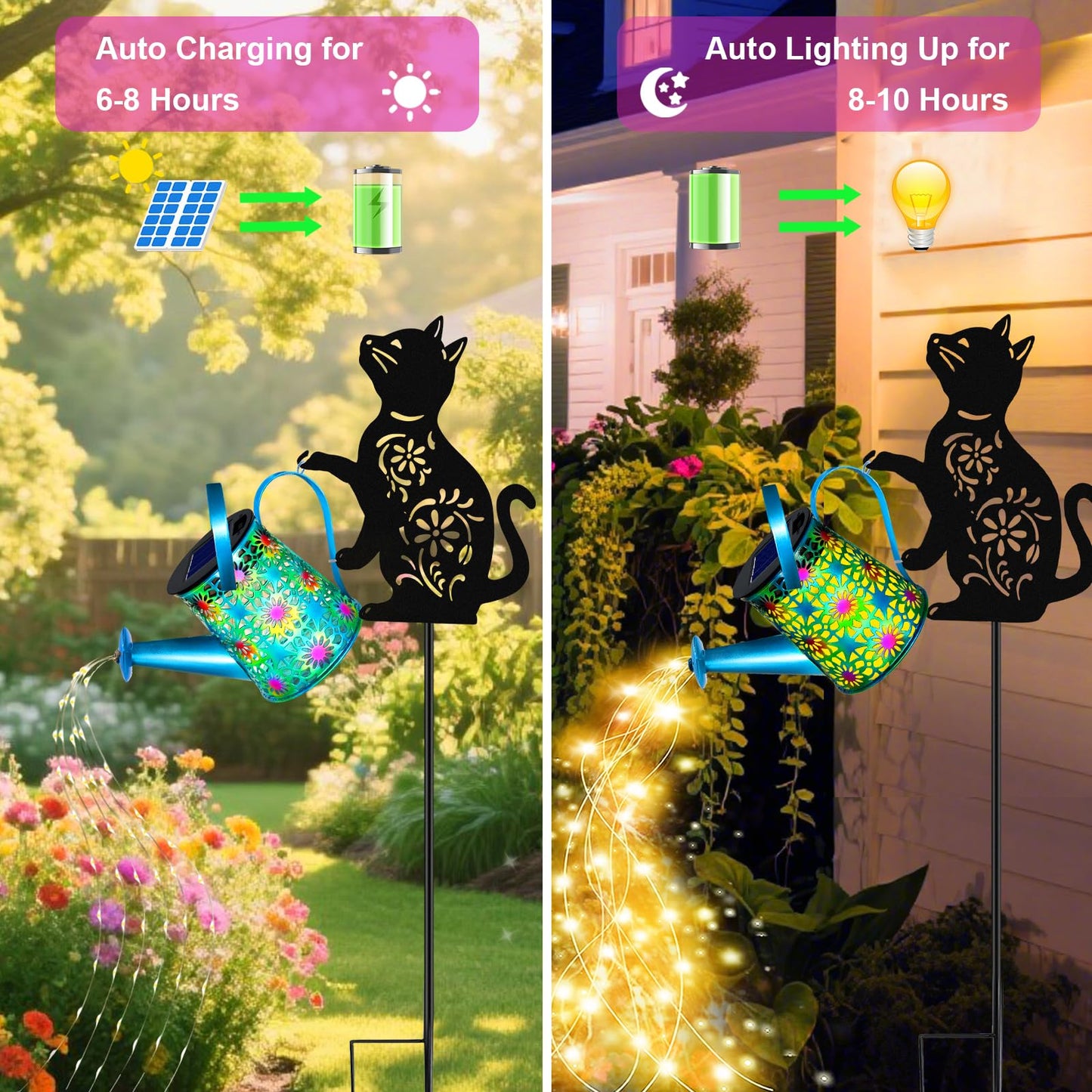 Black Cat Solar Watering Can Lights  Birthday Gifts For Women Mom Christmas  Yard Decorations Outdoor Waterproof  Blue Metal Hanging Lantern Solar Lights Garden Decor Patio Pathway  2 Pack