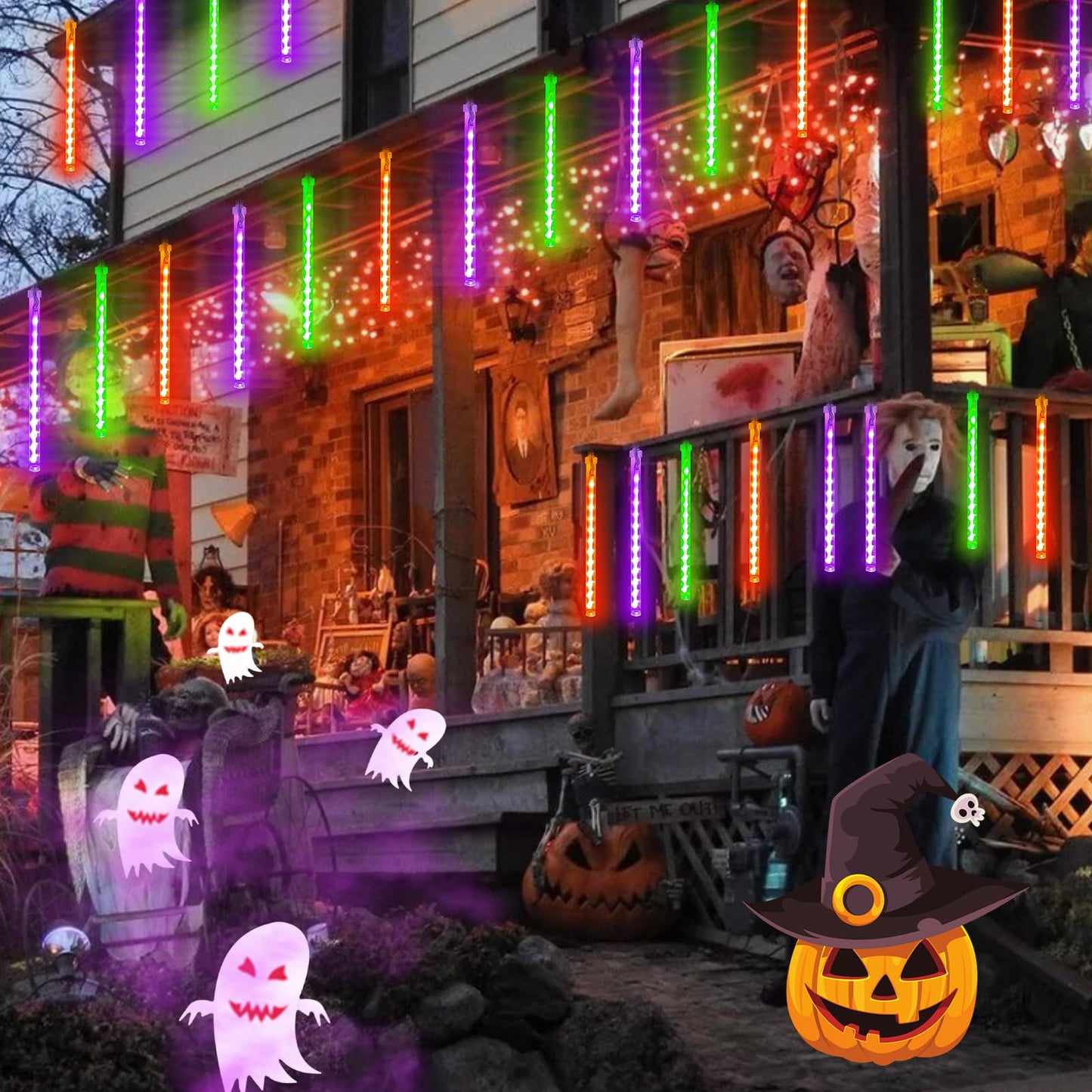 YIQU Meteor Shower Lights, 432 LED, 2 Pack, Orange Purple Green, Plug-in for Outdoor Halloween Decorations, Model MLS-D5V3.6WUT-O