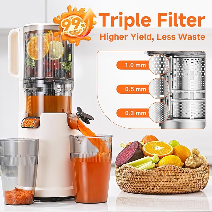 Slow Cold Press Juicer Machine: Electric Masticating Juicer Extractor Easy Clean - 5.4" Extra Large Feed Chute Fit Whole Fruits & Vegetables - Cold Pressed Slow Blender Juicer