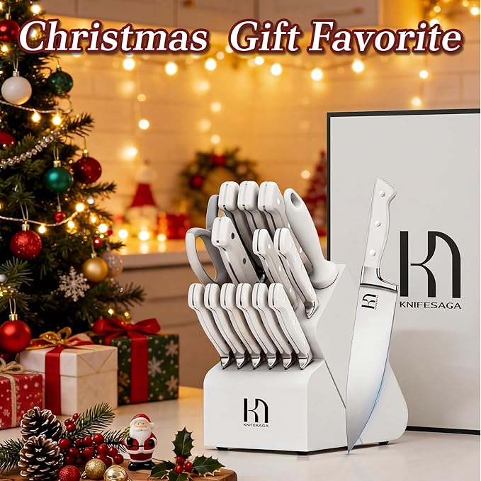 Kitchen Knife Block Set, 15-Piece Enduring Ultra Sharp Knife Set, Japanese High Carbon Stainless Steel, Premium Forged Knives for Kitchen and Professional Chefs, White