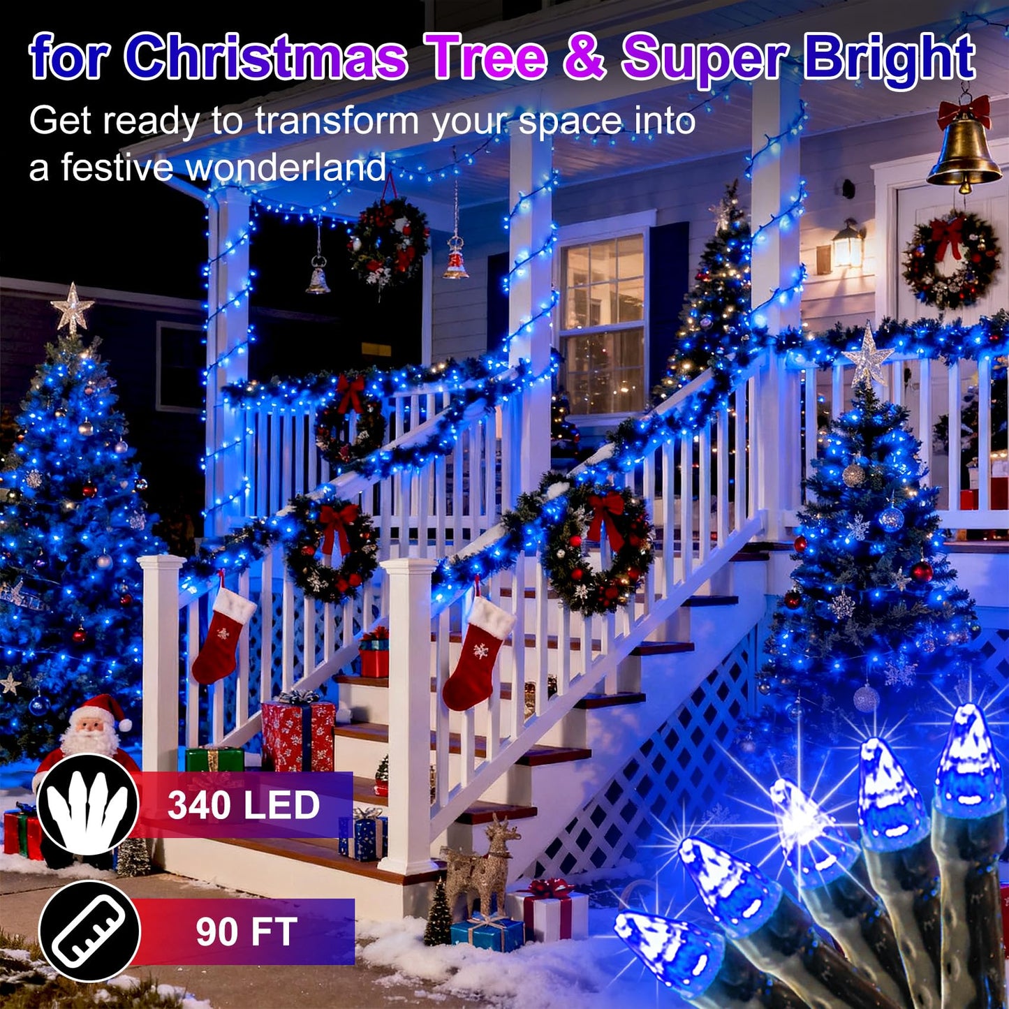 340 Led 90Ft Christmas String Lights Outdoor  12 Pro Modes And Timer Memory & Brightness  Plug In Outdoor Waterproof Green Wire Twinkle Light For For Xmas Yard Tree Wedding Party Decor (Blue)