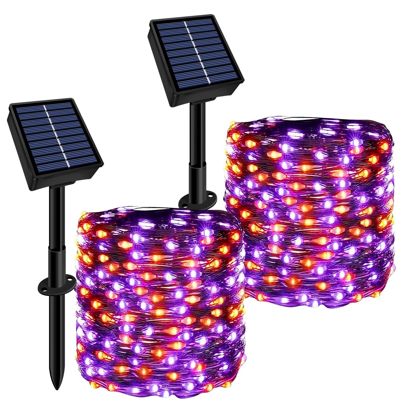 Solar String Lights Outdoor Waterproof 2 Pack Total 66Ft 200Led 8 Modes Twinkle Lights Solar Fairy Lights For Patio  Garden Yard Party Tree Christmas Halloween Decoration  Orange + Purple