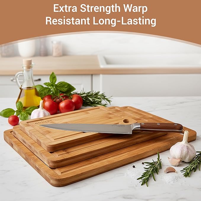 Carbonized Bamboo Cutting Board Set – 3-Piece Cutting Boards for Kitchen, Meat, Vegetables & Bread – Heavy-Duty, 100% Pure Bamboo, Odor & Water Resistant, Knife Friendly, Eco-Friendly