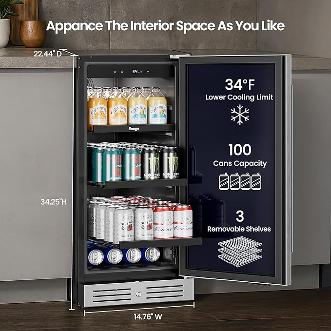 Yeego 15 inch Beverage Refrigerator,100 Cans Beverage Fridge with Lock & Auto Defrost, Stainless Steel Indoor/Outdoor Refrigerator Freestanding or Under Counter Beverage Cooler for Soda, Beer, Wine