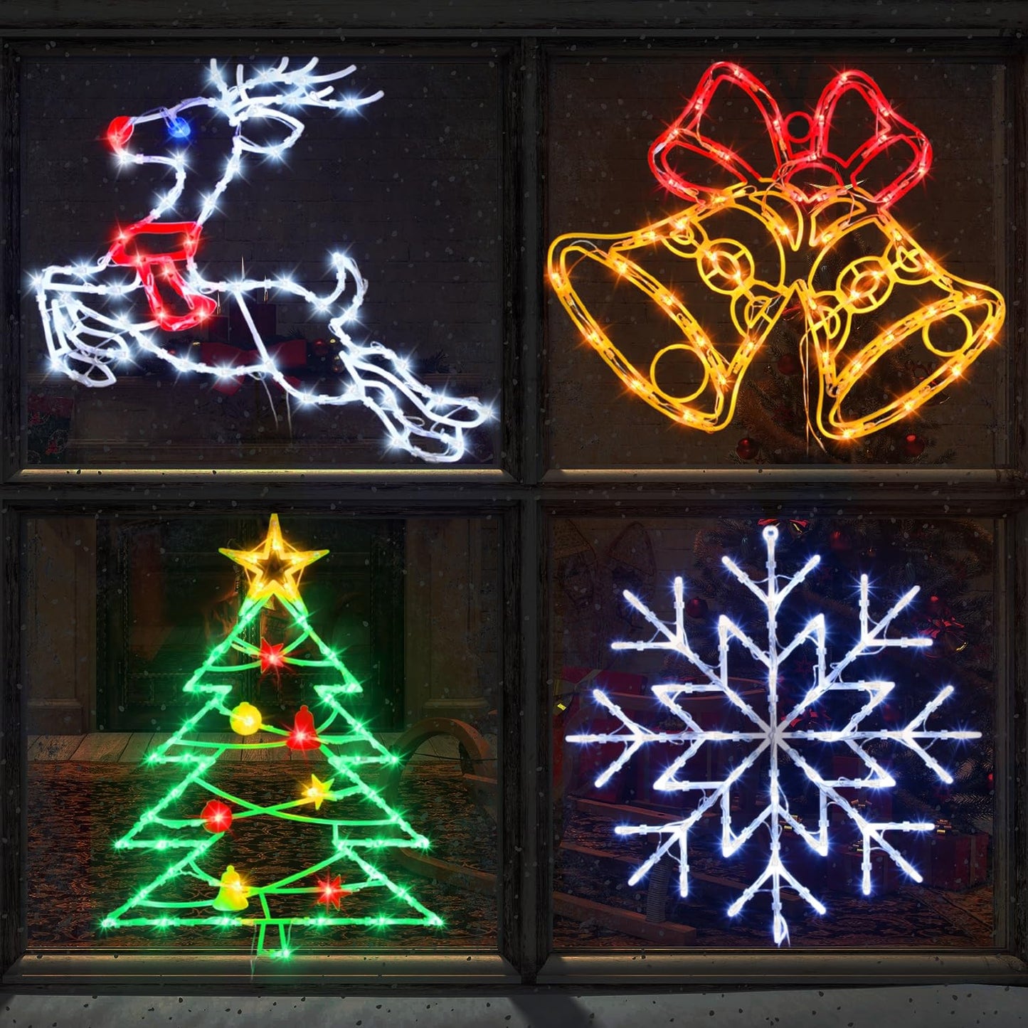 Trwymz Christmas Decorations - 16 Christmas Window Silhouette Lights - 4 Pack Colour Lighted Bell & Snowflake & Reindeer & Christmas Tree For Holiday Indoor And Outdoor Wall Door Window Decorate