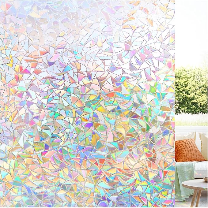 LUTE Window Privacy Film, Rainbow Window Film, 3D Decorative Stained Glass Cling, Non-Adhesive Vinyl Static Cling Removable Glass Stickers, Sun UV Blocking Decal Covering for Home, 35.4 x 78.7 inches