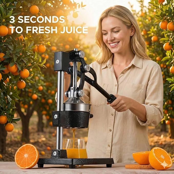 CO-Z Manual Citrus Juicer, Commercial Grade Cast Iron Orange Juicer, Professional Heavy Duty Juice Press with Removable Strainer, Manual Juice Extractor for Orange Lemon Pomegranate Citrus, Black