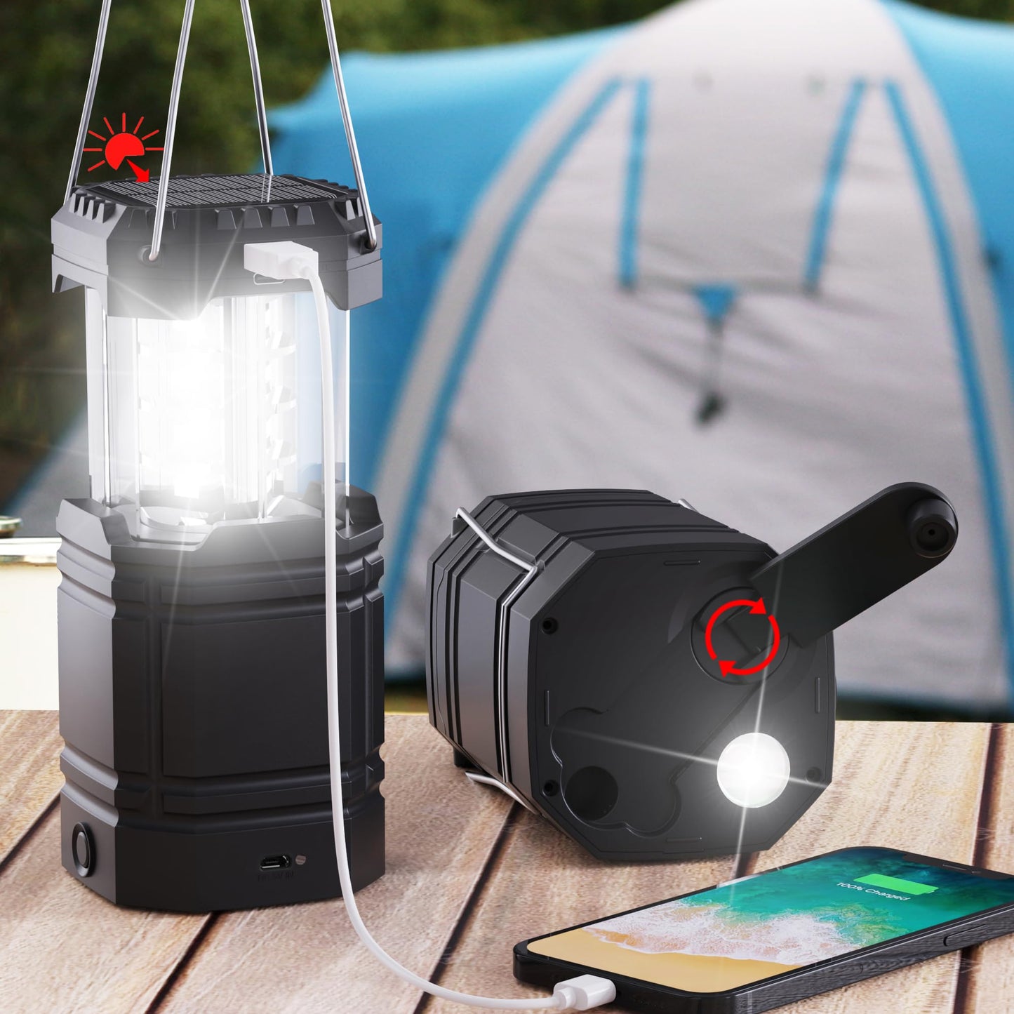 Mesqool 3000 Large Capacity Hand Crank Solar Camping Lantern, Ultra Bright LED, USB Charger, Black, Model CL1000