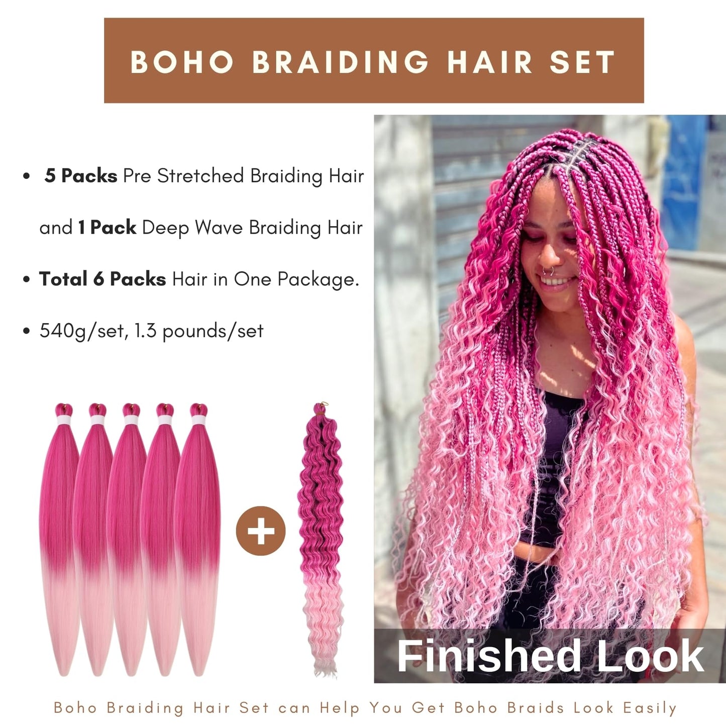 Pink Braiding Hair Pre Stretched Synthetic Boho Hair for Braiding Ombre Pink Boho Braids Hair for Women