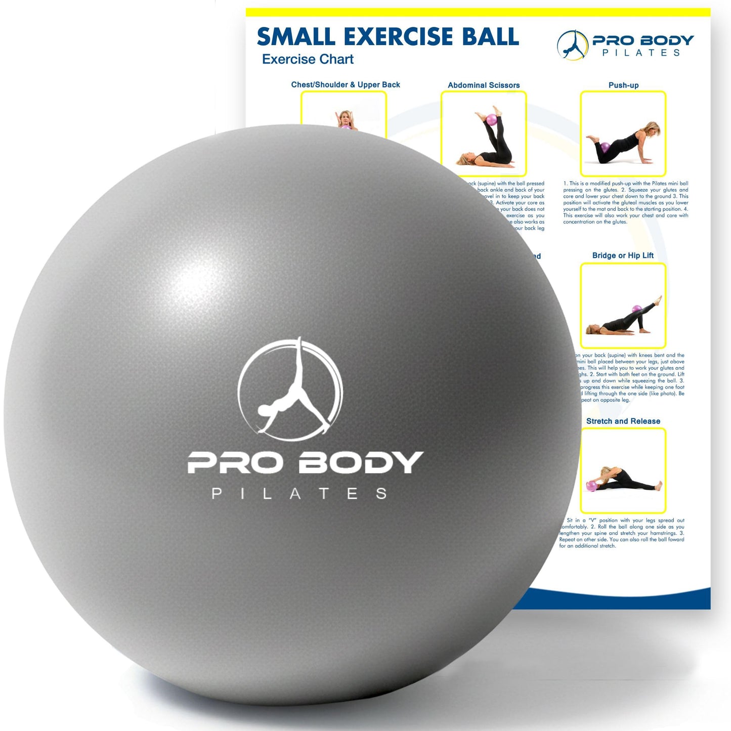 ProBody Pilates Small Exercise Ball - 9 Inch Workout Ball for Stability, Barre, Yoga, Core & Physical Therapy, Home Gym & Office Use (Silver)
