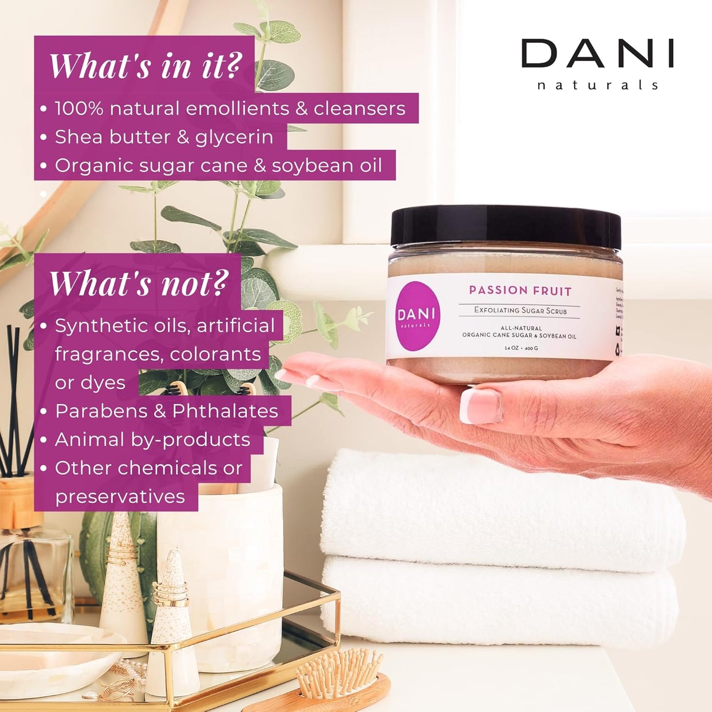 Naturals Sugar Scrub – Pure & Gentle Exfoliation with Juicy Passion Fruit Scent. Organic sugar, shea butter, and nourishing oils for smooth, soft skin – 14 oz