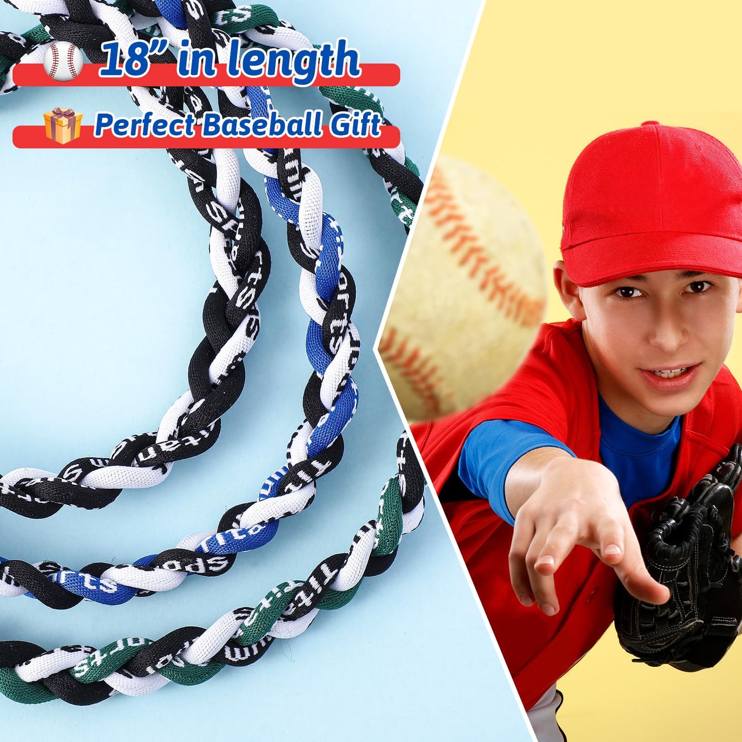 Junkin 3 Pcs Baseball Necklaces Three Braided Rope Titanium Necklace for Team Gifts Boys Men Player Softball Fans Sports (Bright