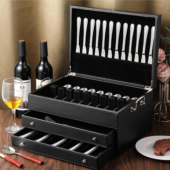 Leather Silverware Storage Box Flatware Storage Case with Felt Lined Leather Flatware Chest Silverware Organizer with Lid for Tableware Utensils Silver(3 Layer)