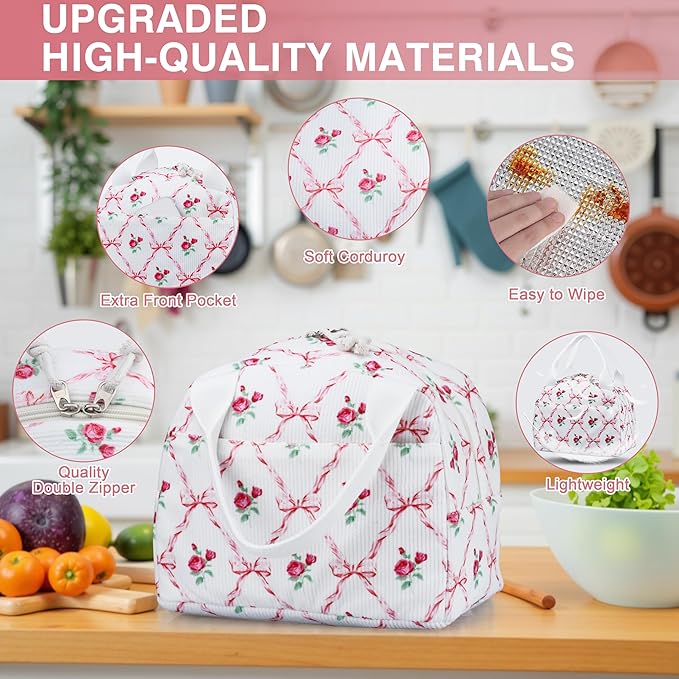 Lunch Bag - Insulated Lunch Box for Women, Reusable Large Capacity Cooler Bag for Adult, Small Leakproof Cute Corduroy Lunch Tote for Work Office Travel Picnic (Pink Bow Flower)