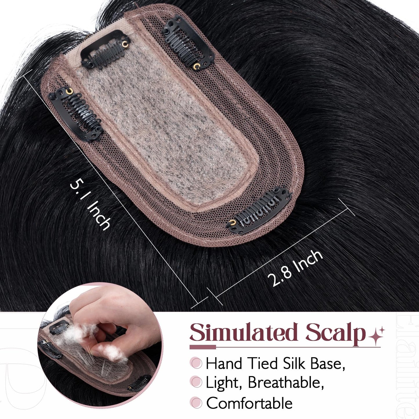 Elailite Hair Toppers for Women Real Human Hair Topper Thinning Thin 5.1x2.8 Silk Base Clip in Remy Hairpieces 8 Inch Jet Black