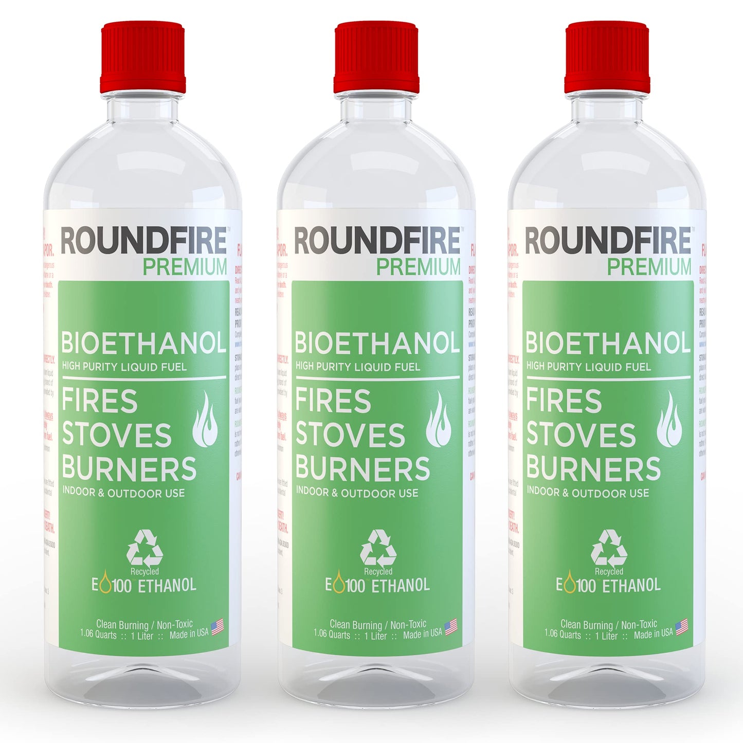 ROUNDFIRE Premium 3 x 1 Liter - Bioethanol Fuel for fireplaces  Stoves and Burners (3 Quart)-New