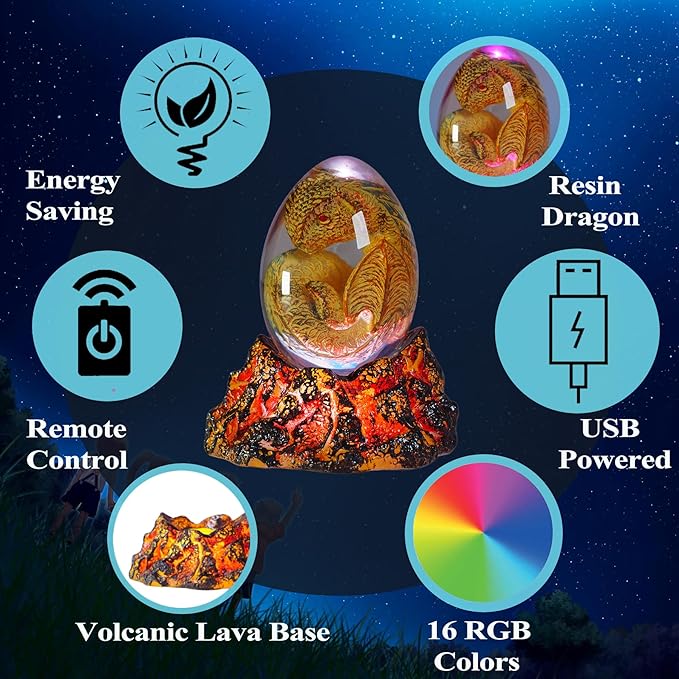 Dragon Night Light, Resin Dragons Lamp with Upgraded Volcanic Lava Base, Remote 16 Colors Flshing RGB Dimmmable for Birthday Xmas Cool Figurines Dragon Gifts for Room Decor Boys Girls