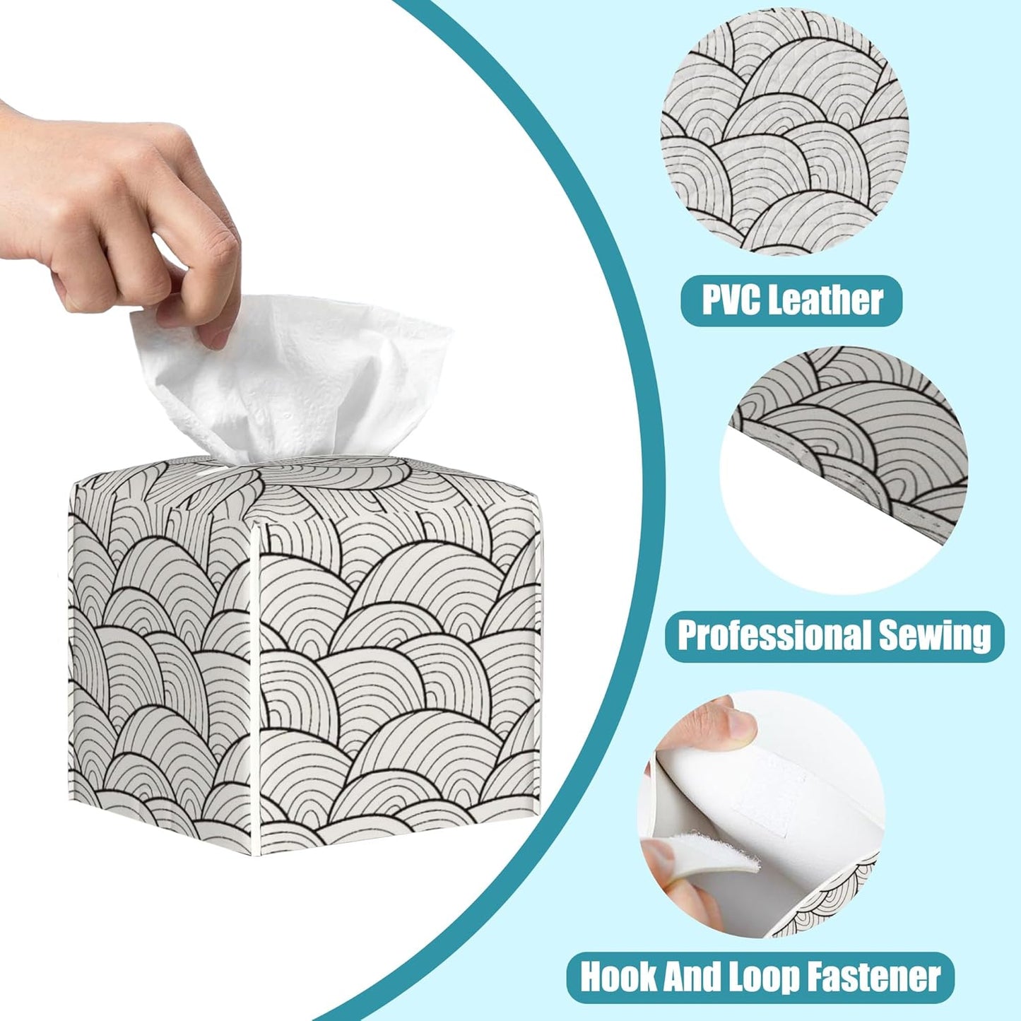 Abstract Waves Tissue Box Holder,Square Leather Tissue Box Cover with Bottom Belt,Waterproof Modern Napkin Holder Organizer for Car Bathroom Nightstand Vanity Office Tabletop,5.2" x 5.2" x 5.2"