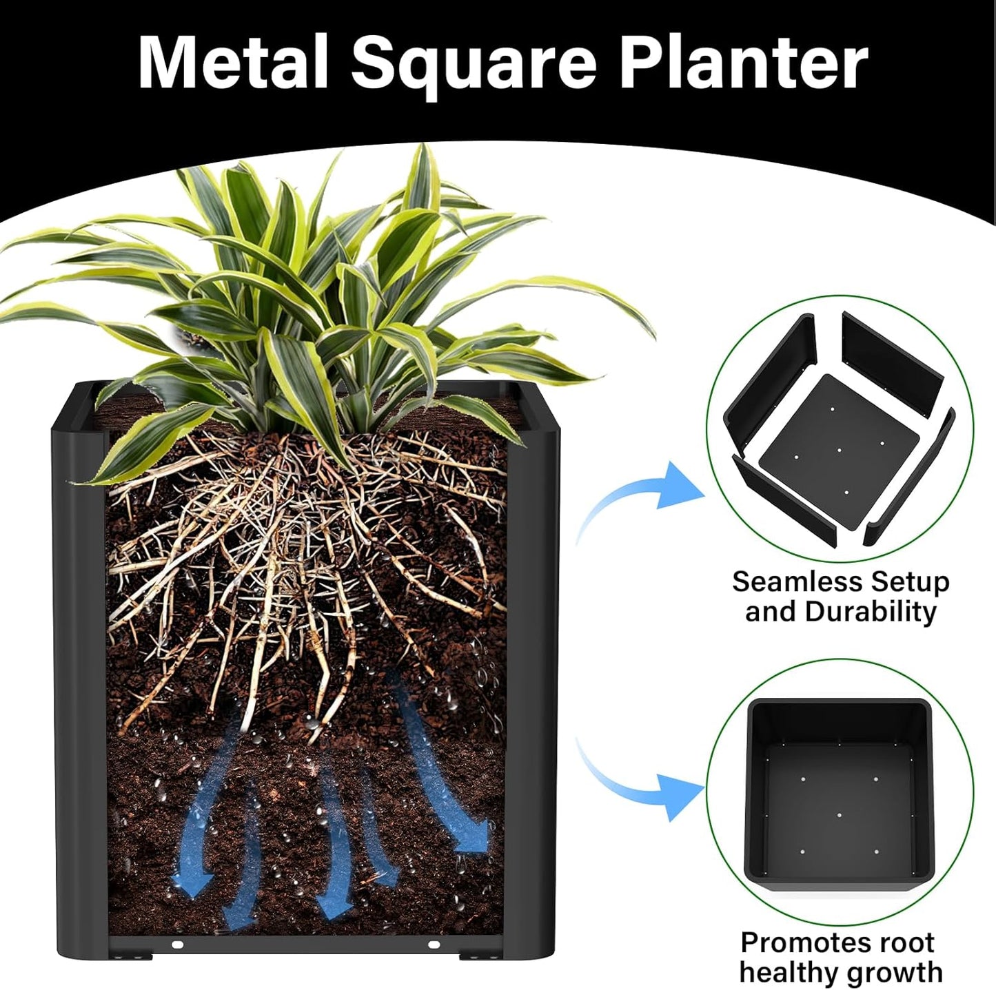 Large Metal Square Planter 24" L x 24" W x 24" H, Heavy Duty Black Large Outdoor Planters with Drainage Hole for Porch/Patio/Garden