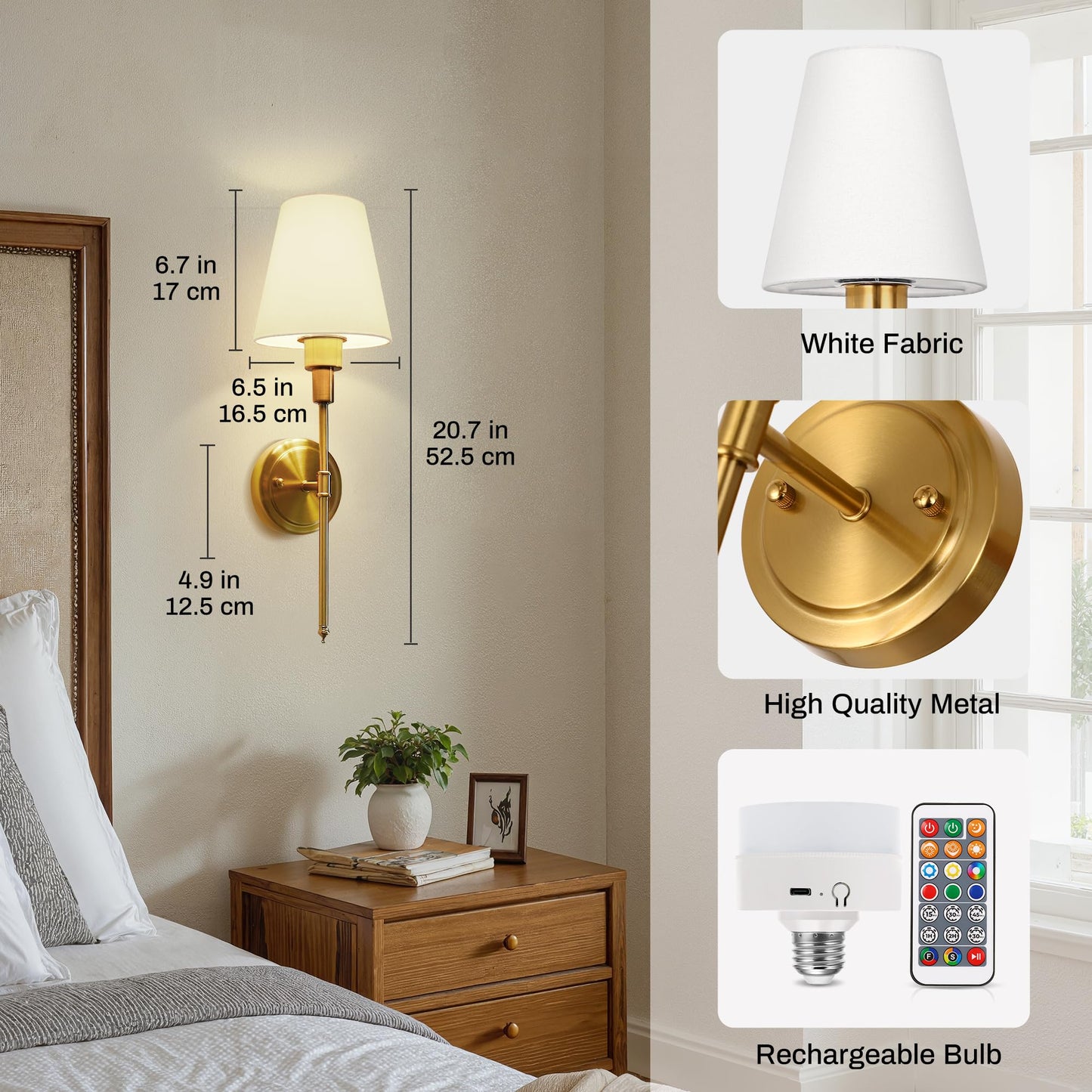 DORESshop Battery Operated Wall Sconce Set of 2, Dimmable, Metal, 20.7 inch, Gold