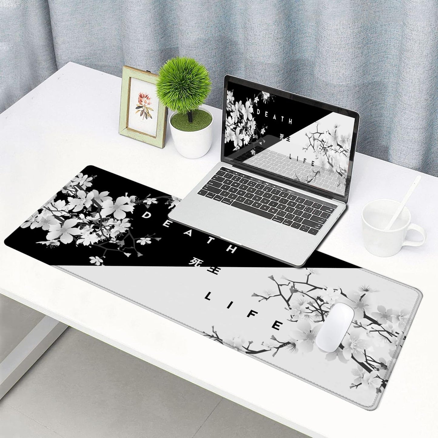SANWUMIAN Gaming Mouse Pad, Large Mouse Pads for Desk, Non-Slip Rubber Base Mousepad, Keyboard Mouse Mat Desk Pad with Stitched Edges, 31.5x11.8 inch Sakura Death Life Floral