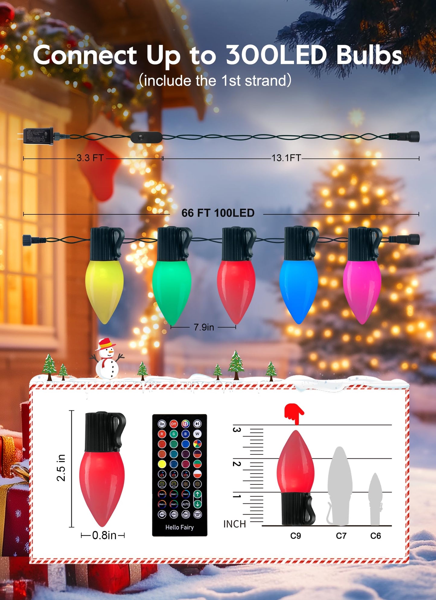 Brightown C9 LED Christmas Lights, 100 RGB Smart Lights, 66 Ft, Waterproof, Music Sync, Model BMSL47