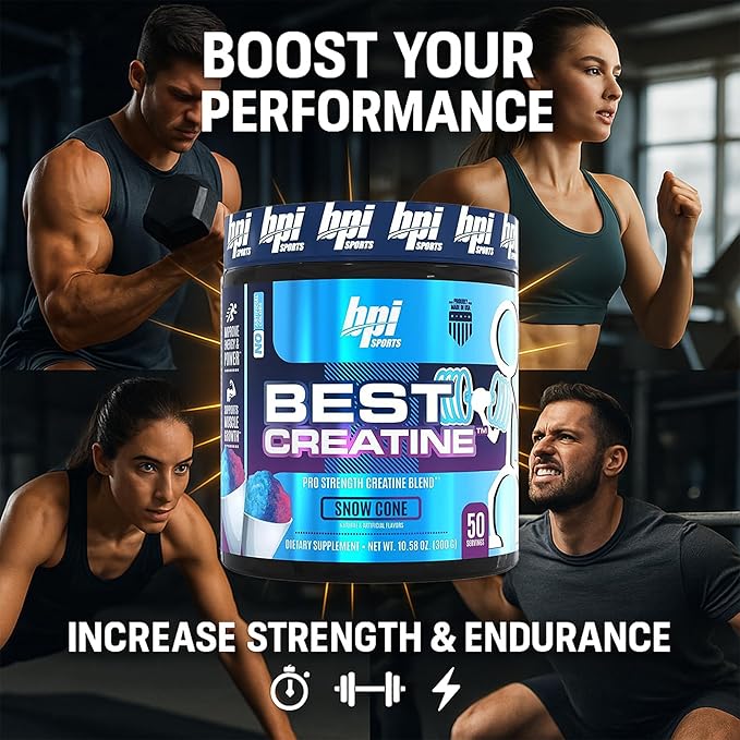 BPI Sports Best Creatine - Creatine Monohydrate Powder for Men & Women, Himalayan Salt - Strength, Pump, Endurance, Muscle Growth, Muscle Definition - No Bloat - Snow Cone - 50 servings - 10.58 Oz