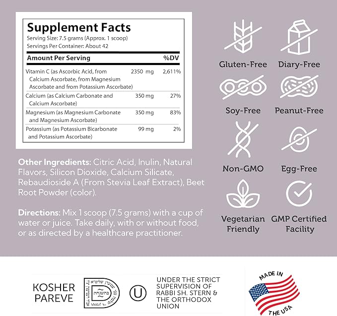 Zahler Buffered Vitamin C Powder - Ascorbic Acid Vitamin C with Calcium, Magnesium, Potassium Ascorbate Buffering Minerals - Kosher Berry Flavor Non-GMO Vitamin C Antioxidant Drink Mix - 11 Oz