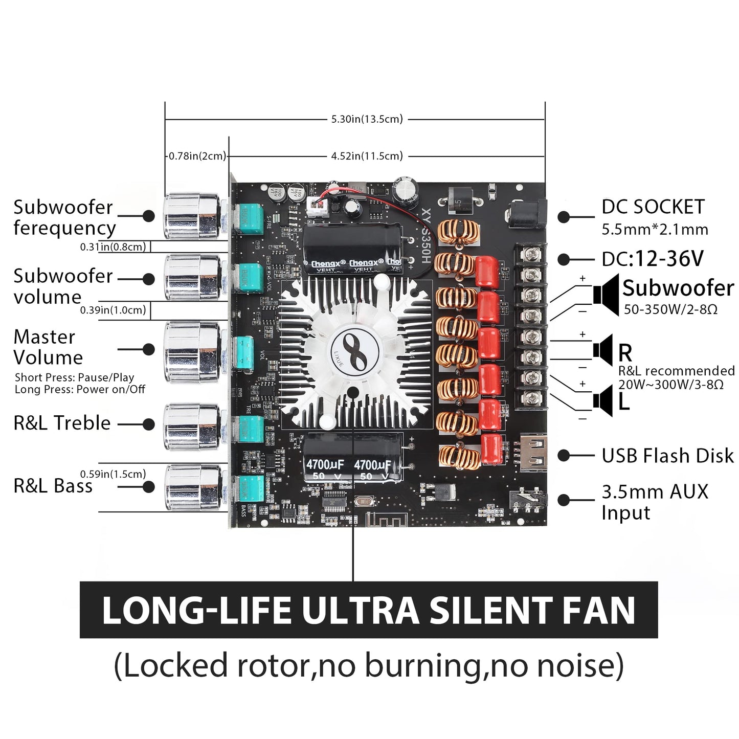 Xy-S350H 2.1 Channel Bluetooth Power Amplifier Board With Tpa3251 Chip, 220W*2+350W Support App Control 18V-36V Bluetooth Speake