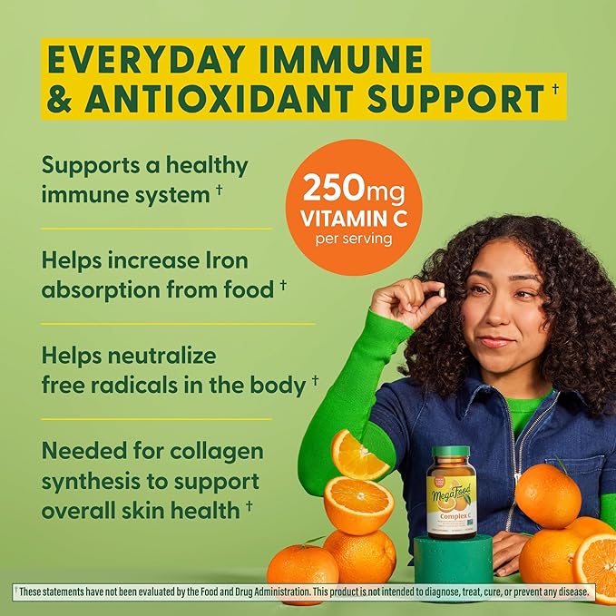 MegaFood Complex C - Vegan Immune Support Supplement with Vitamin C 250 mg, Made with Real Food Including Orange, Cranberry & Brown Rice, Gluten-Free, Kosher - 30 Tablets, 30 Servings