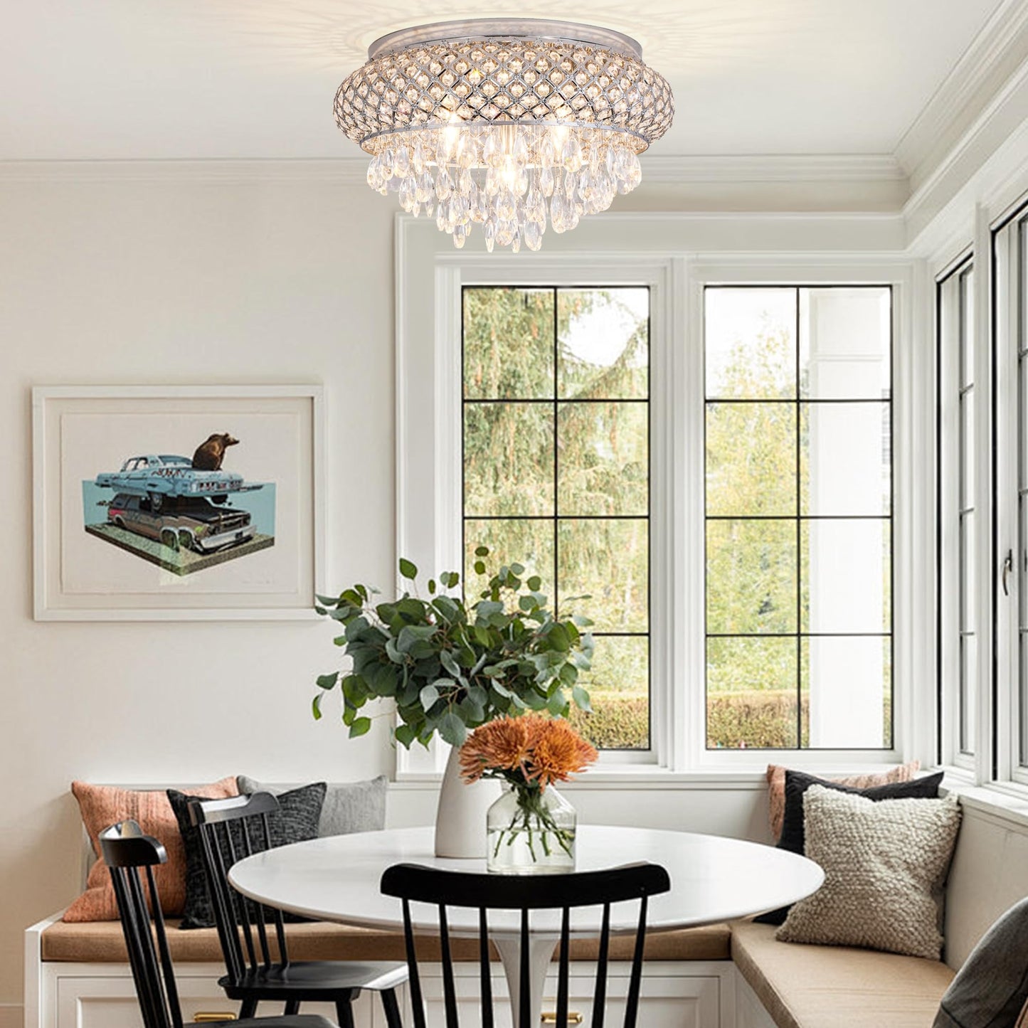 Maxax stylish Modern Flush Mount Ceiling Light, 5-Light, Large Chrome Crystal Fixture For Living Room, Bedroom, Dining Room, Kitchen