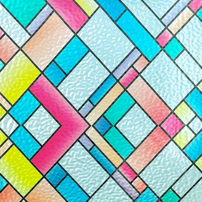 Window Film Privacy Classy Colorful Glazed Tiles Stained Glass Sliding Door Coverings Static Cling Frosted Church Tints Cover Contact Paper Non-Adhesive Heat Control Anti UV Reusble,17.5x78.7in.