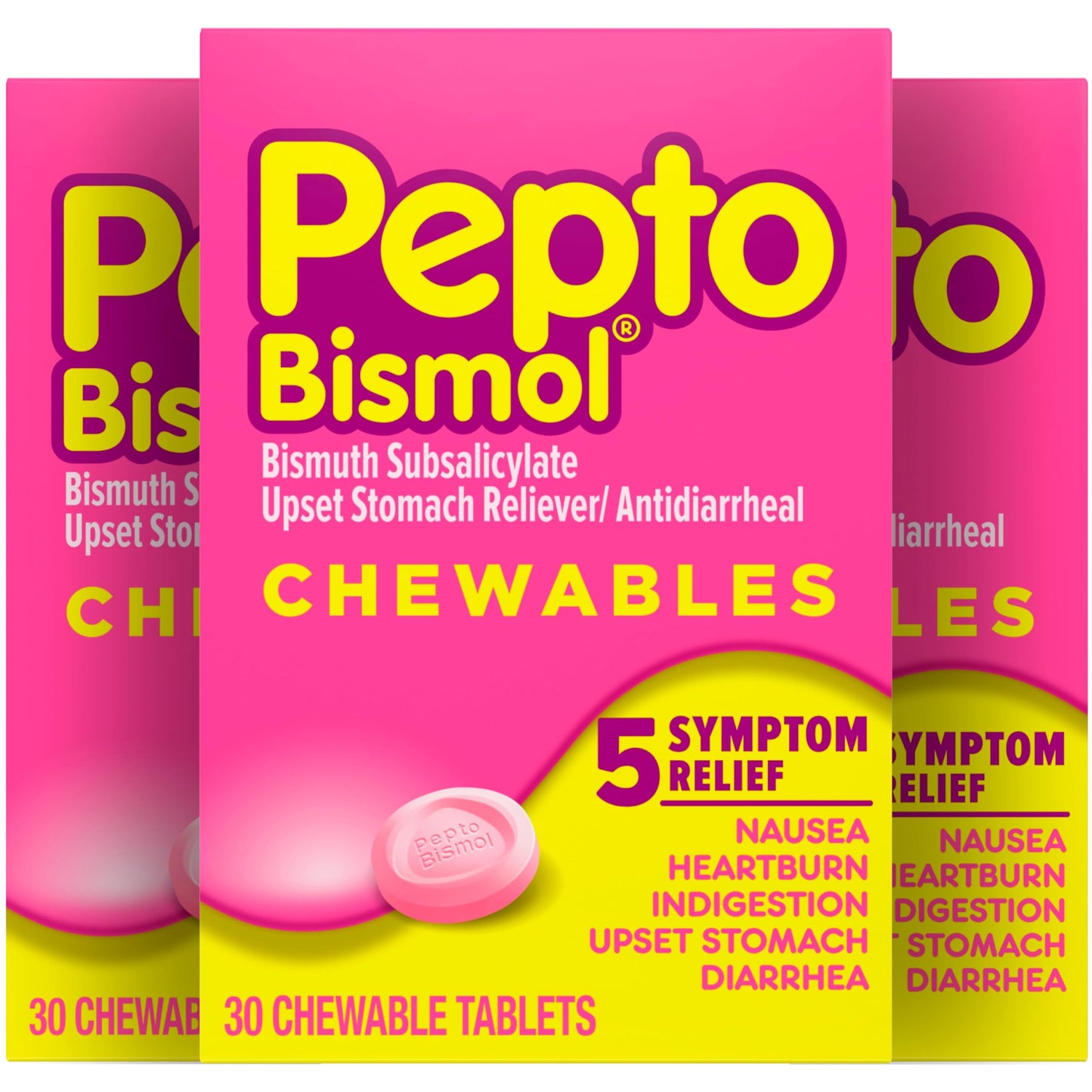 Pepto Bismol Chewable Tablets, Upset Stomach Relief, Nausea Relief, Heartburn Relief, Indigestion Relief, Anti Diarrhea Medication for Adults - 5 Symptom Relief, 90 Chewable Tablets (3x30 ct)