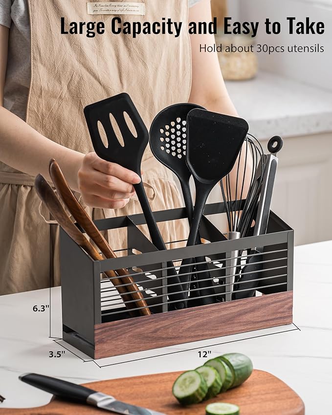Utensil Holder for Kitchen Counter, Cooking Utensil Holder with Stone Drying Mat for Storage Spatula, Ladle, Scoop in Farmhouse Countertop with Wooden Pattern Printed, Matte Grey