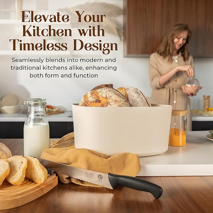 Extra Large Bread Box for Kitchen Countertop with 2 Bread Bags - Sturdy Modern Construction, Ribbed Design Keeps Bread Fresh Longer - Large Sourdough Bread Box with Cutting Board Lid (Black)