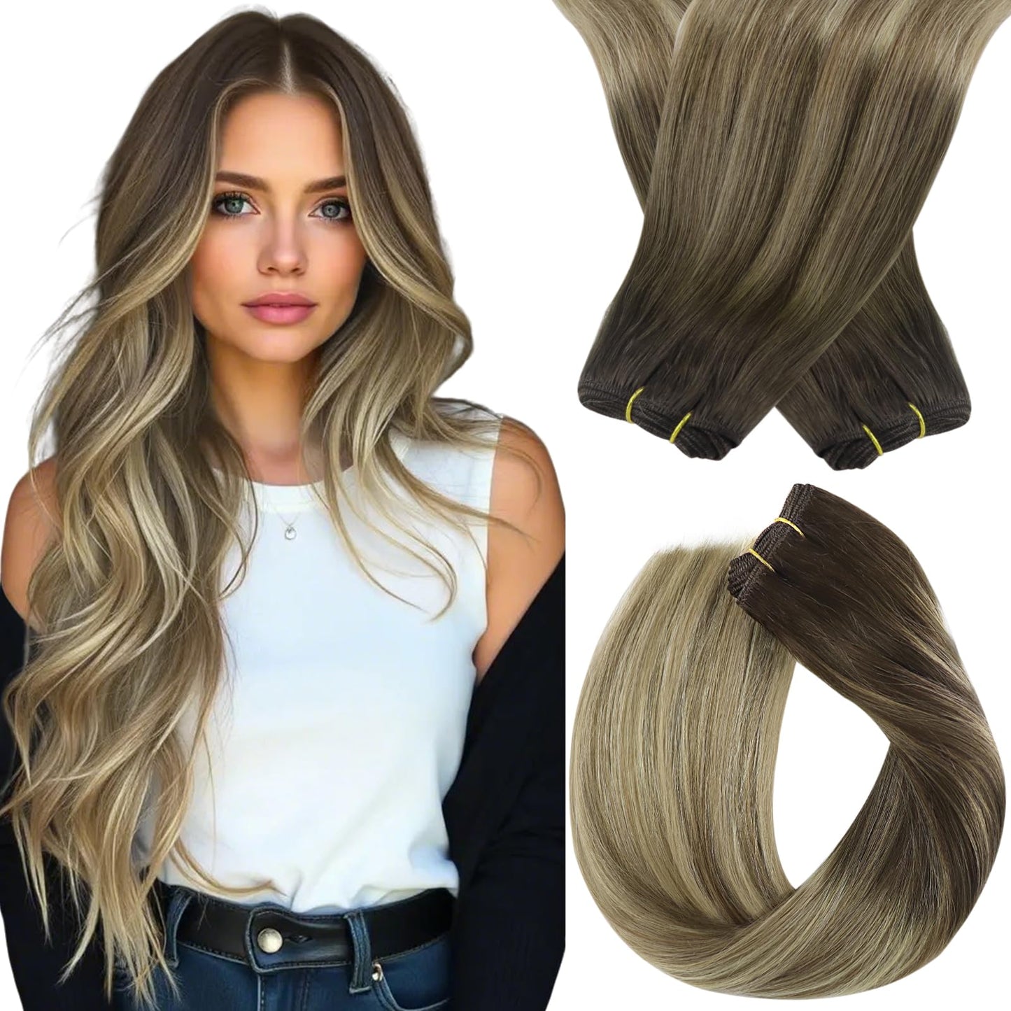 Sunny Hair Weft Hair Extensions Human Hair Ombre Sew in Hair Extensions Balayage Dark Brown Roots to Golden Brown Mix Blonde Sew