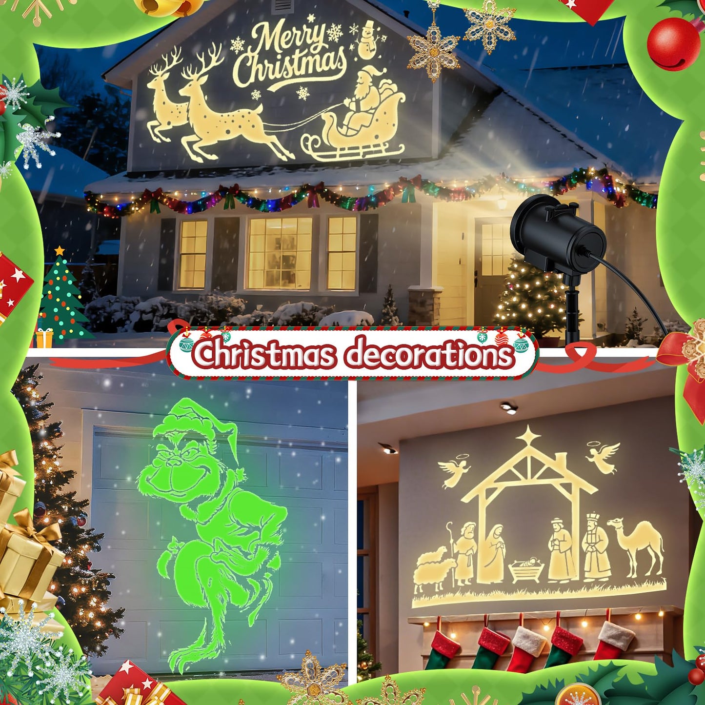 12 In 1 Christmas Projector Lights Outdoor  3D Dynamic Santa Sleigh/Nativity/Green Monster/Ghost/Spider/Bat Christmas Decor Night Lights For Party Home Window Wall Holiday Decor