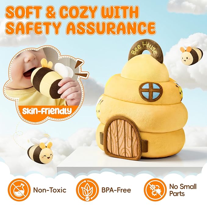 Baby Toys 6-12 Months - Beehive Infant Toy with 5 Sensory Bees Stuffed Animals, Crinkle, Rattle, Mirror & Music, Montessori Toys for 6 7 8 9 10 11 12 Month Old Baby Boys Girls Birthday Christmas Gift