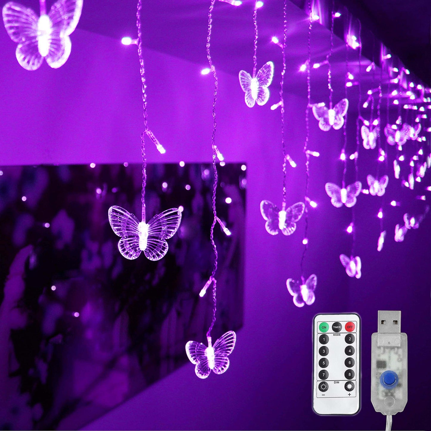 Decorman Butterfly Curtain Lights, 13ft USB LED Fairy Lights, 96 Lights, 8 Modes, Purple, Model CLD-B-R-001
