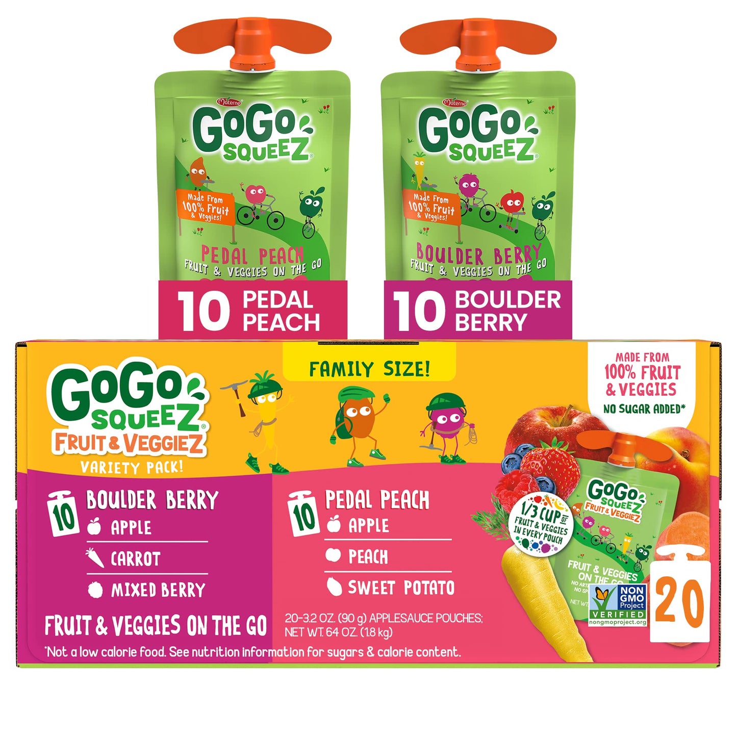 GoGo SqueeZ Fruit & VeggieZ Variety Pack  Pedal Peach and Boulder Berry  3.2 oz (Pack of 20)  Unsweetened Snacks for Kids  Gluten Free  Nut Free  Dairy Free  Recloseable Cap  BPA Free Pouches