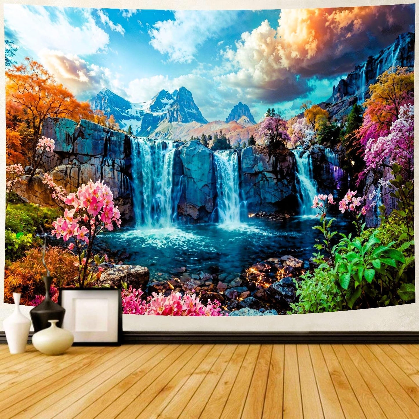 Delur Waterfall Tapestry Tropical Forest Mountain Sunset Tree Wall Hanging Tapestry Scenic Rainforest Landscape Nature Sunrise Headboard for Bedroom Living Room Home Decor (51.2" x 59.1")