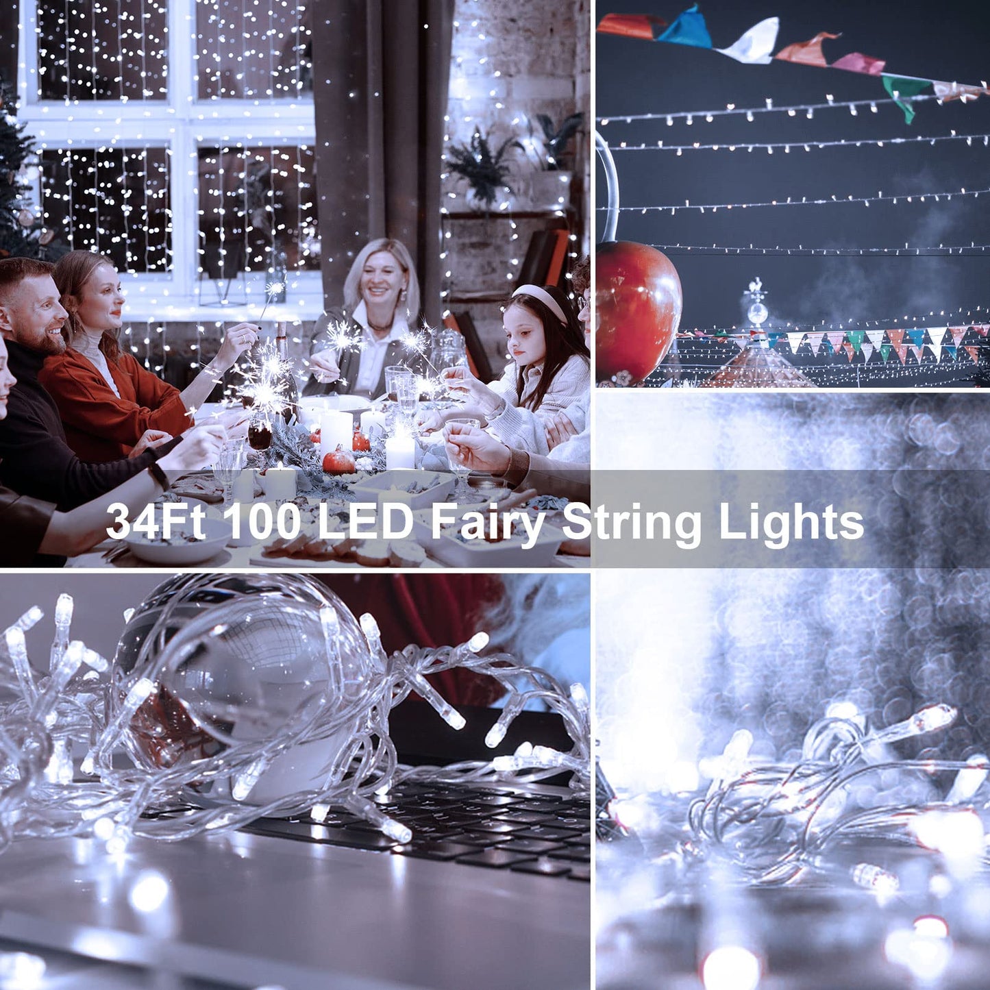 Echosari Outdoor Led Fairy String Lights, 100 Battery Operated Lights, Remote Dimmable, Timer, 8 Modes, Cool White, 1 Pack