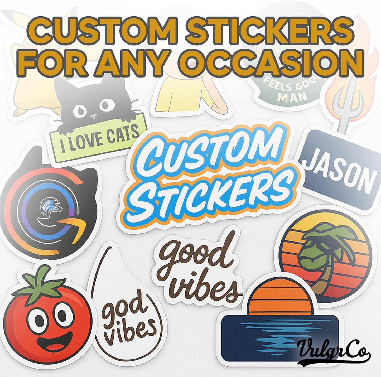 VulgrCo Custom Stickers, Set of 100 Individually Die Cut Personalized Stickers, Print Your Own Sticker, UV-Resistant Customized Sticker Labels for Jars, Laptops, Bottles & More